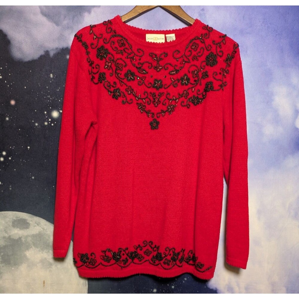 Red Black Beaded Jaclyn Smith Sweater Size Large Holiday Whimsigoth Glam Top